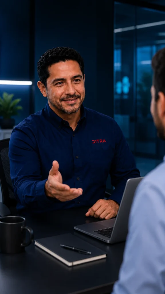 Ingeniero de Ditra explicando a un cliente nuestros servicios